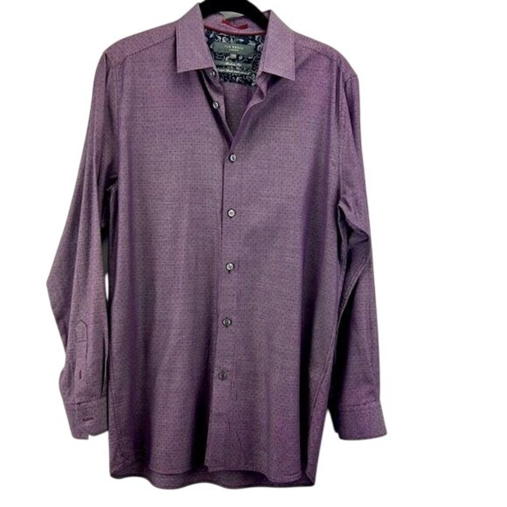Ted Baker Mens Modern Fit Long Sleeve Shirt Stretch Fabric Purple Pattern Button